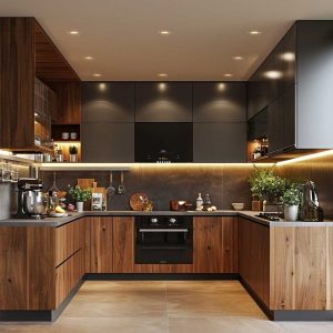 Tủ bếp gỗ Plywood phủ Melamin vân óc chó CN24